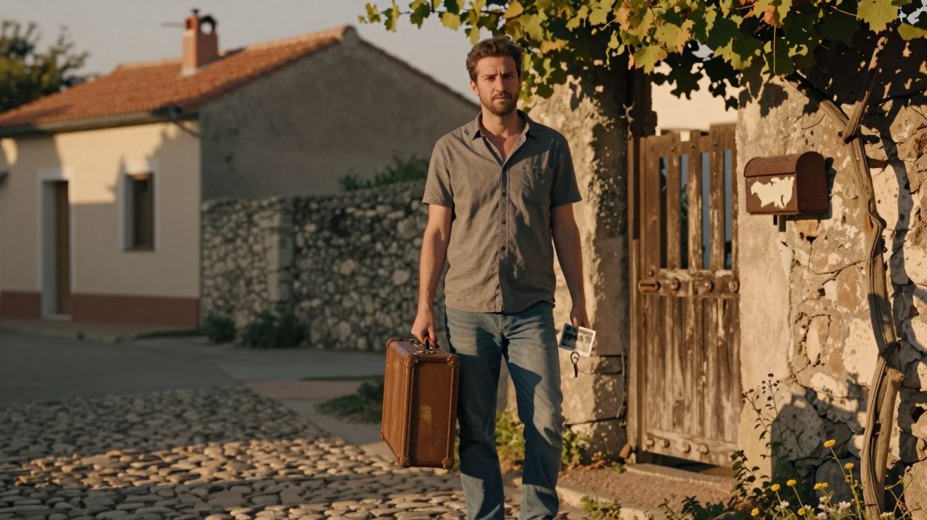 Homem em pé numa rua de paralelepípedos, segurando uma mala e chaves, com casas rústicas ao fundo.