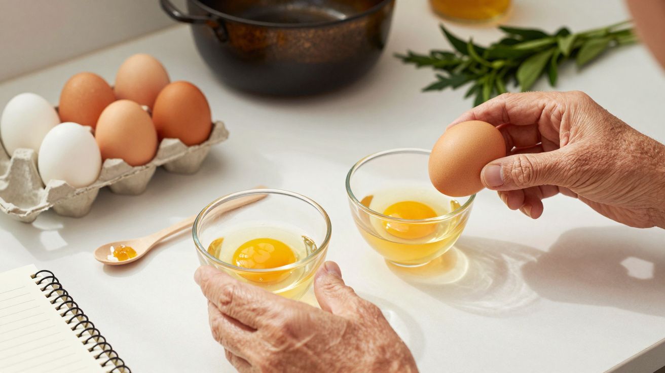 Mãos quebram ovos em tigelas de vidro. Ovos crus na bancada e caderno ao lado.