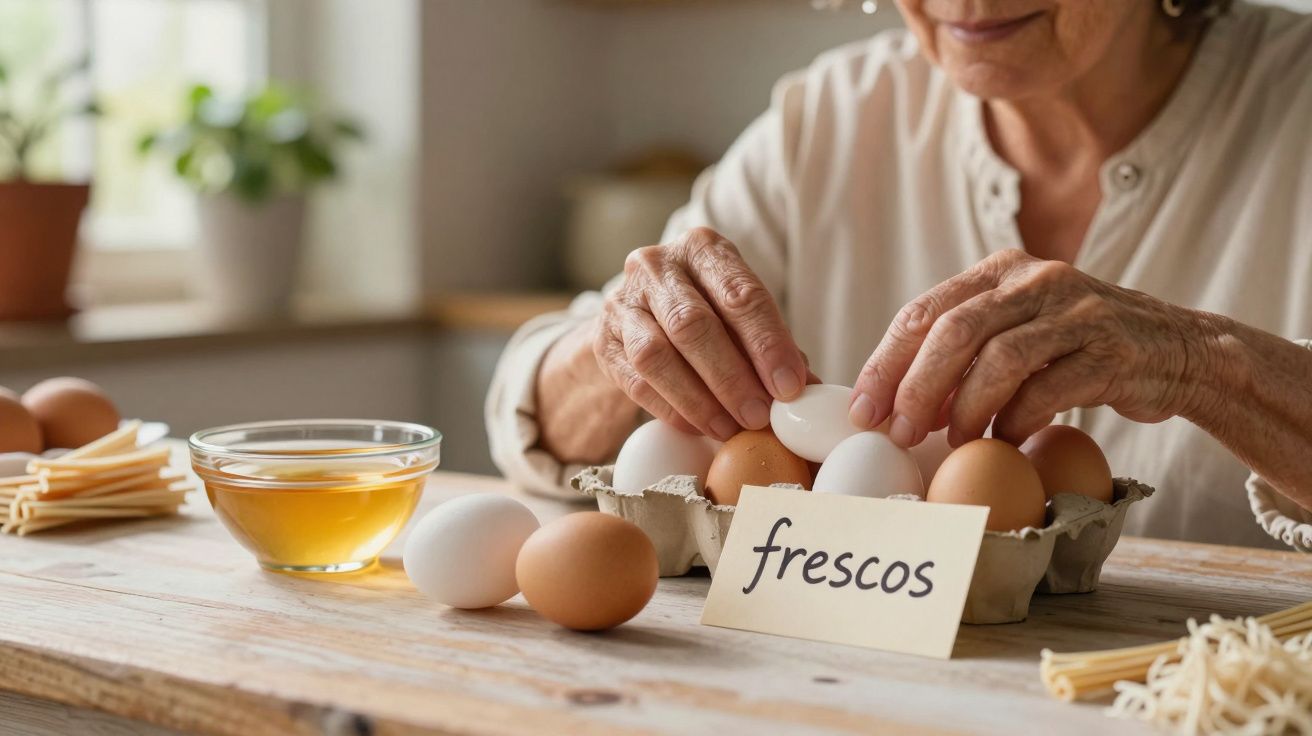 Mulher prepara ovos frescos numa cozinha, com etiqueta "frescos" e tigela de vidro com ovos ao lado.