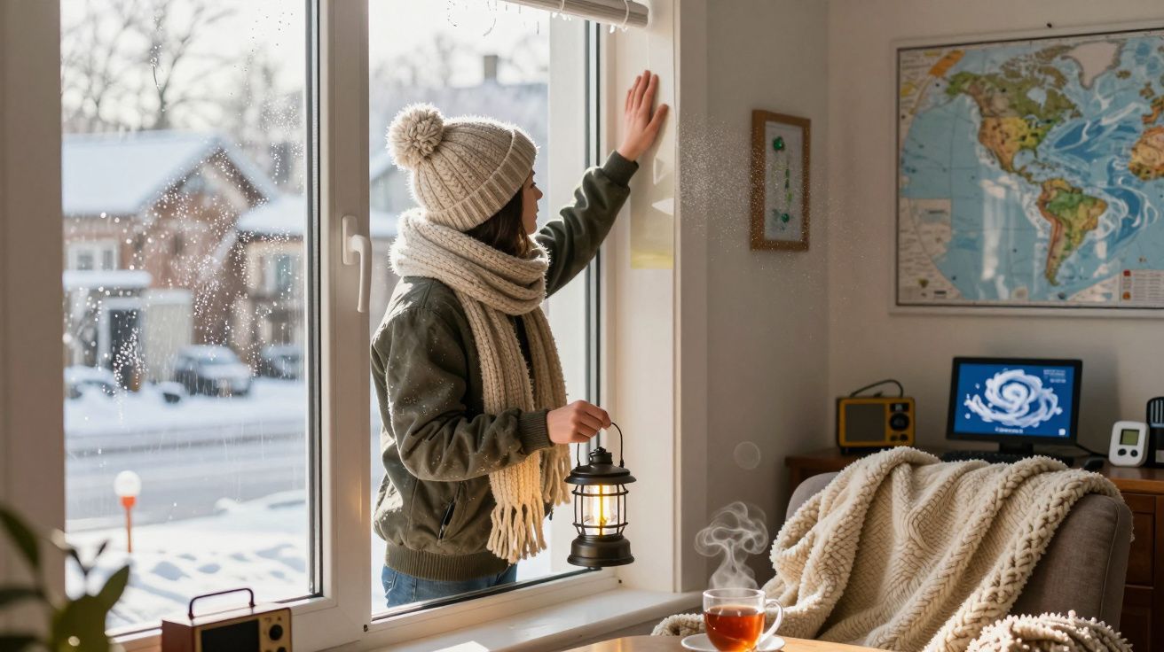 Mulher junto a janela nevada, segurando lanterna. Veste casaco e cachecol. Chá quente e manta numa mesa ao lado.