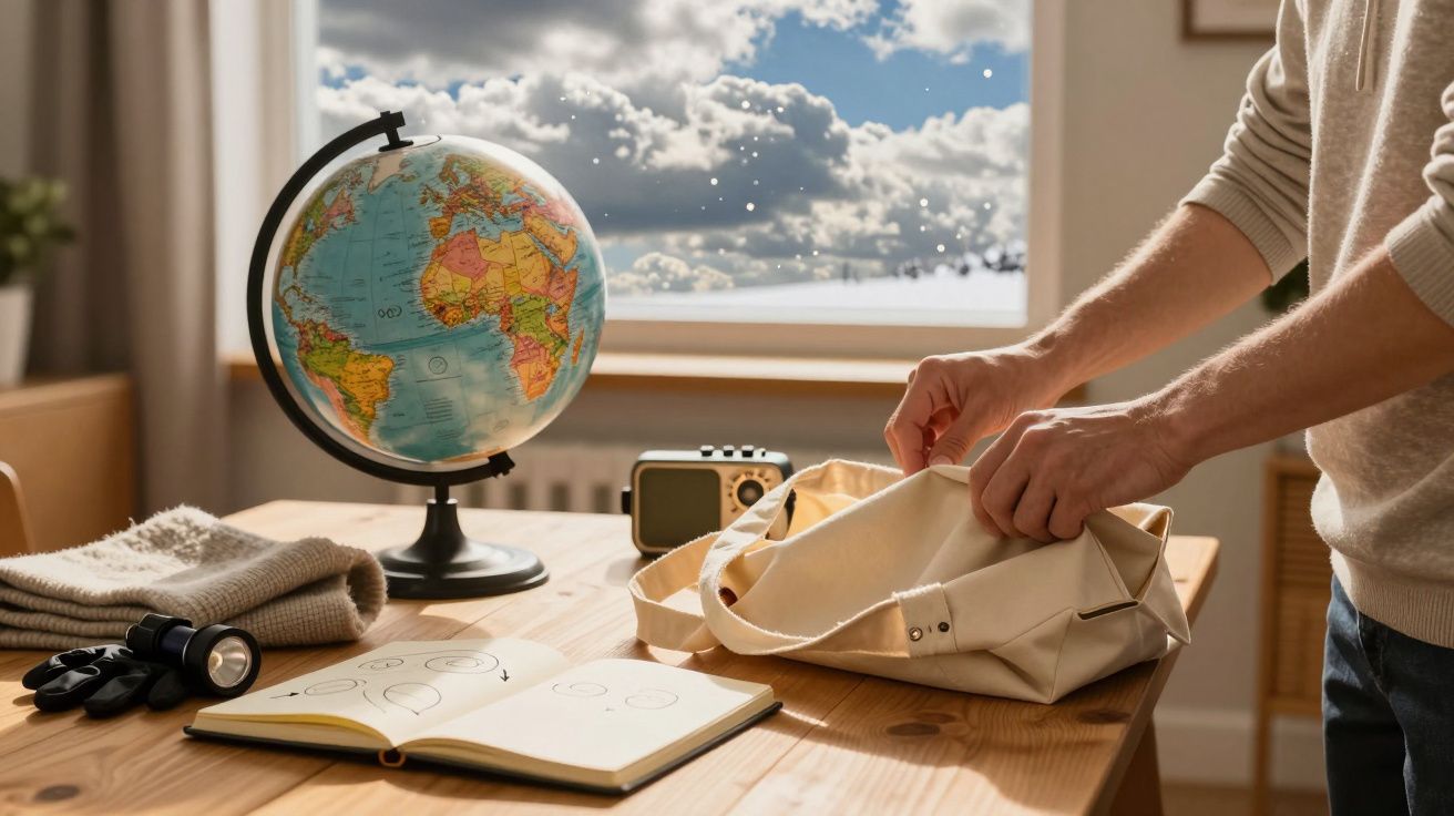 Homem a arrumar mochila numa mesa com globo terrestre, caderno aberto e binóculos, diante de janela com céu nublado.