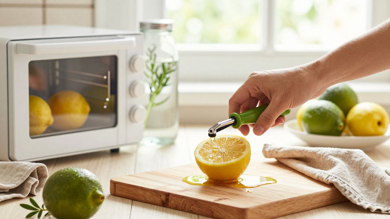 Mão espremendo um limão sobre tábua de madeira, ao lado de um micro-ondas e limões inteiros na cozinha.