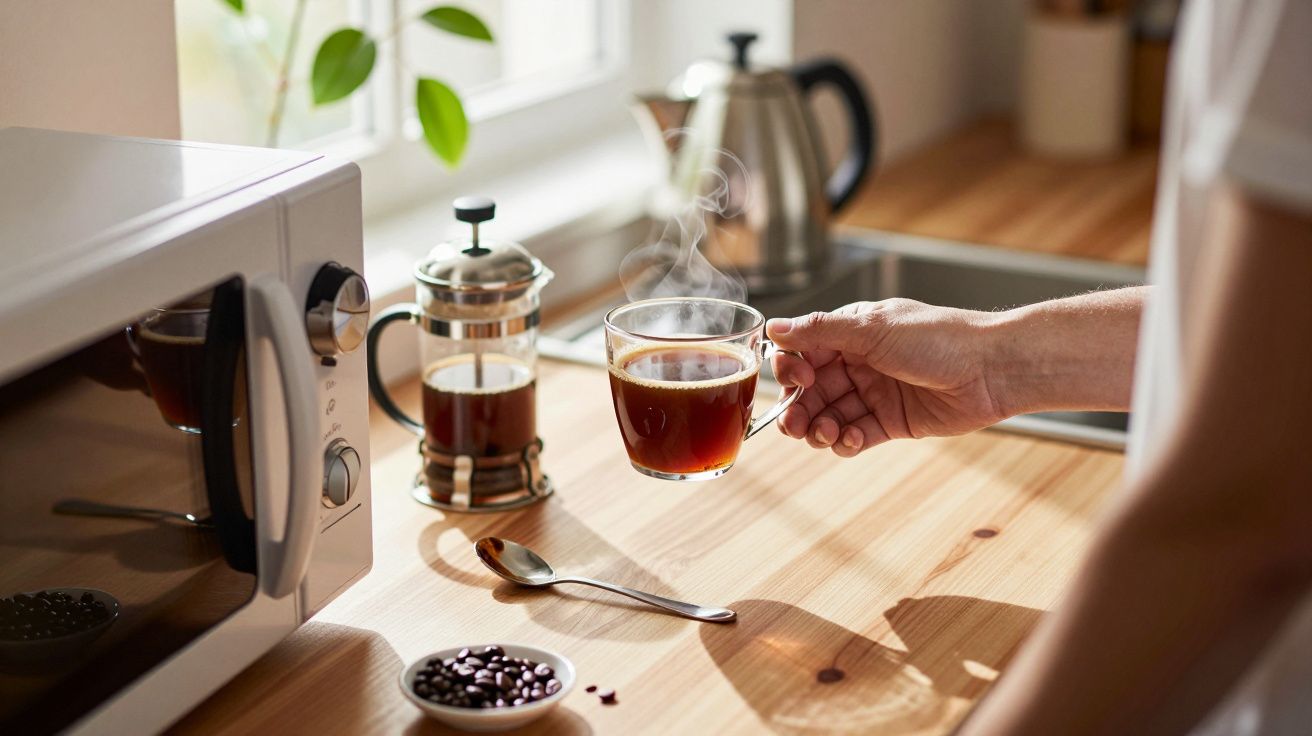 Pessoa segura chávena de café quente junto a janela, com cafeteira, micro-ondas e colher sobre balcão de madeira.