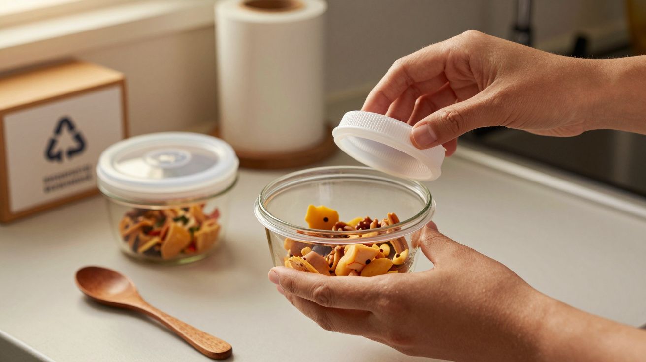 Pessoa a fechar um frasco de vidro com frutas, na bancada de uma cozinha.