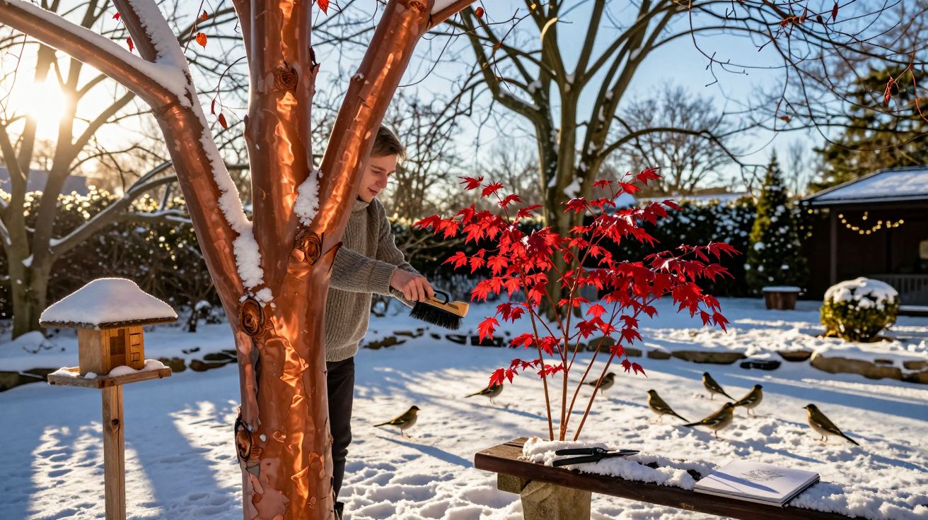 Rapaz a alimentar pássaros num jardim coberto de neve, com uma árvore vermelha e um banco ao lado.