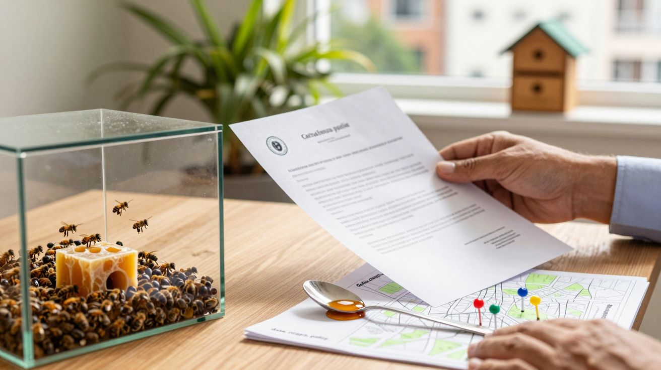 Mãos seguram folha de papel ao lado de caixa de vidro com abelhas, colher de mel e um mapa sobre mesa de madeira.