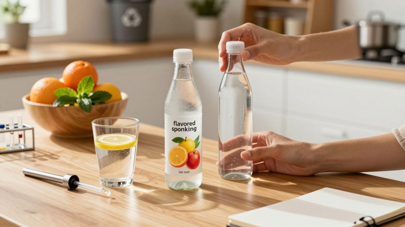 Garrafas de água com sabor em mesa de madeira, ao lado de um copo com limão e um caderno, em cozinha moderna.