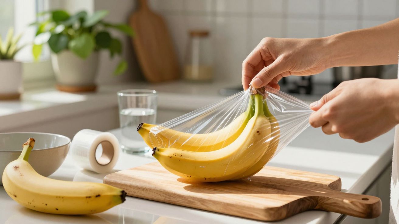 Mãos envolvem bananas com película aderente sobre tábua de madeira, em cozinha iluminada.