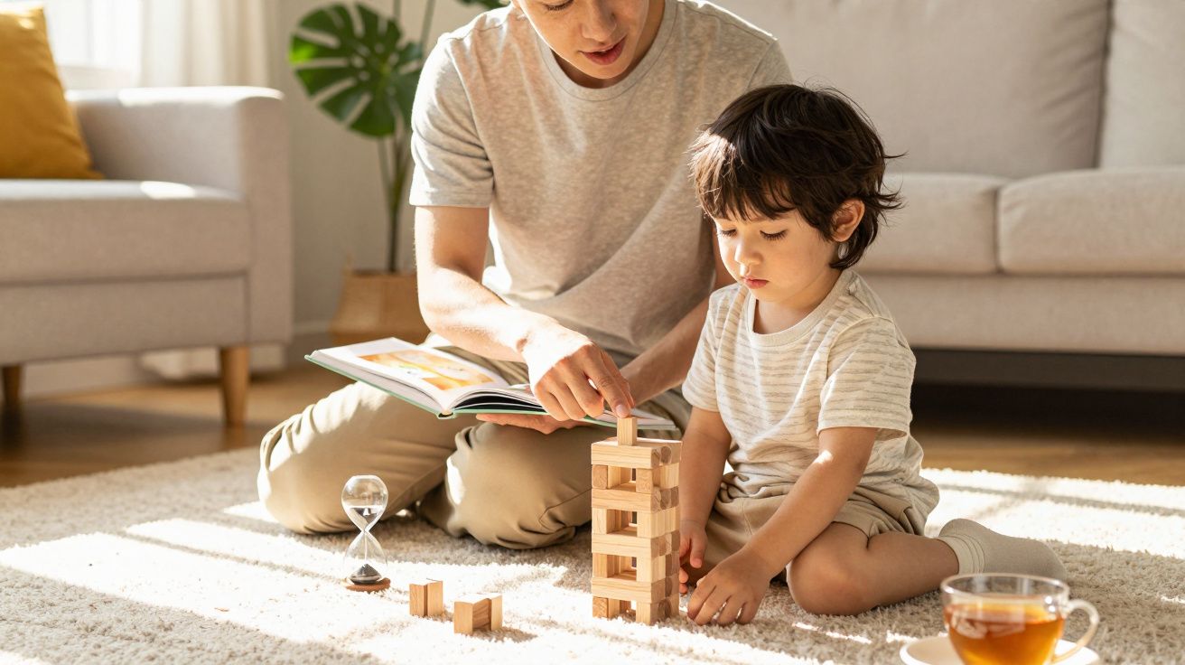 Pai e filho a construir uma torre de blocos de madeira no chão da sala, sob luz natural.