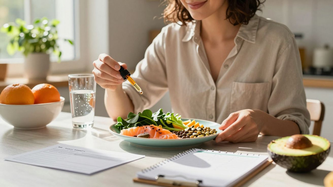 Mulher a preparar salada de salmão com espinafre, usando conta-gotas. Mesa com abacate, laranjas, água e bloco de notas.