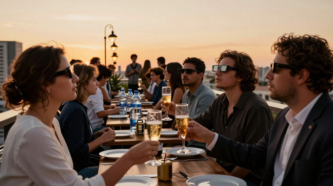 Pessoas brindando em jantar ao ar livre numa cobertura ao pôr do sol.