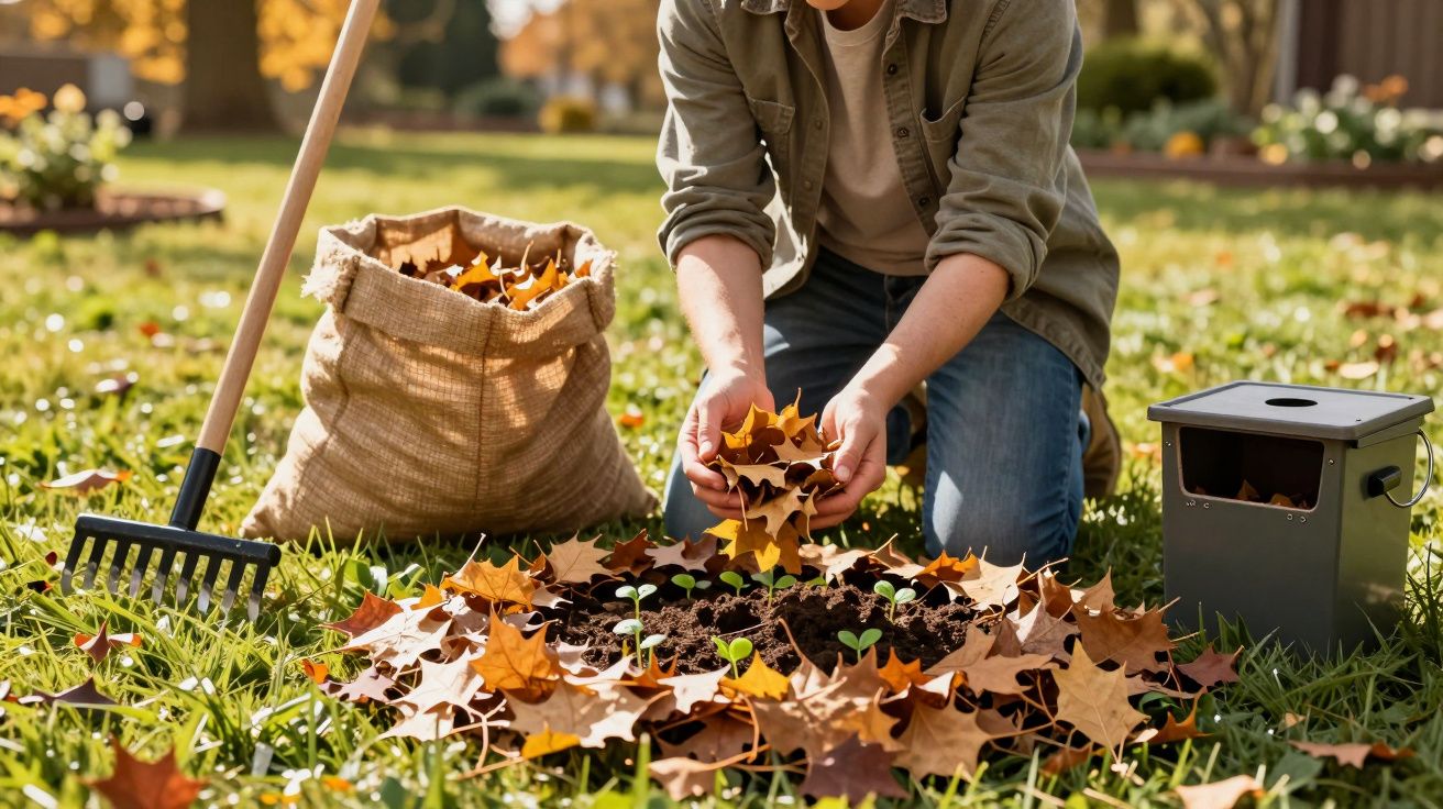 Homem ajoelhado no jardim cobrindo mudas com folhas secas, ao lado de um saco de folhas e ancinho.