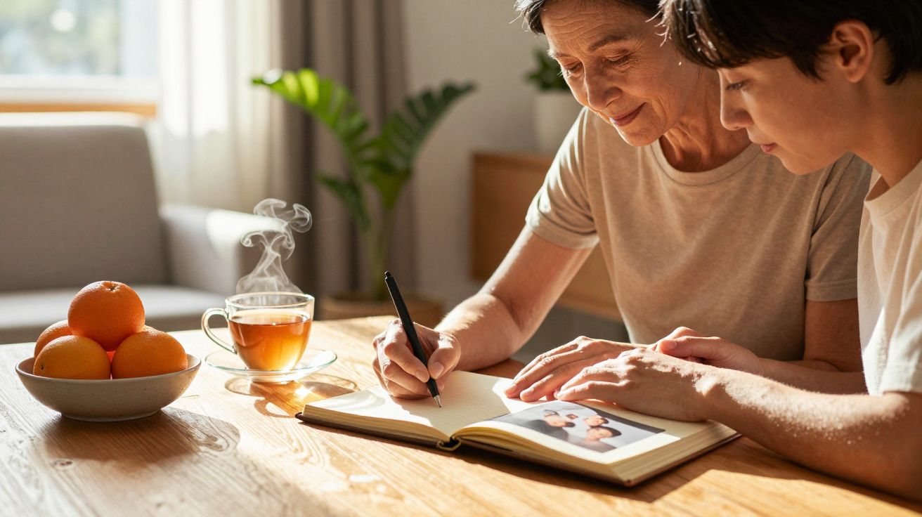 Idosos a escrever num álbum de fotos à mesa, com chá fumegante e uma taça de laranjas ao lado.