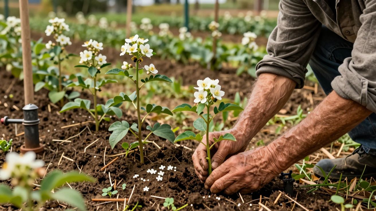 Mãos de um agricultor cuidando de plantas com flores brancas num campo bem cultivado.