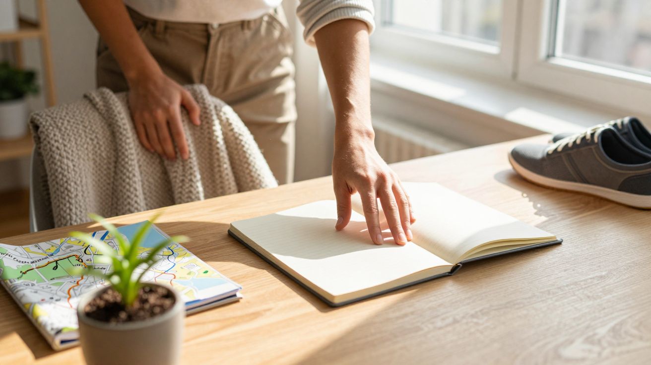 Pessoa folheando caderno em mesa junto a planta, mapa e sapato, com luz natural a iluminar o espaço.