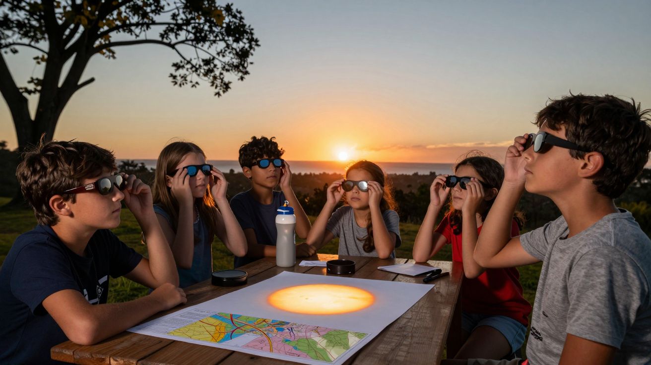 Crianças usando óculos de proteção observam o pôr do sol ao redor de uma mesa com mapas, em um parque ao ar livre.