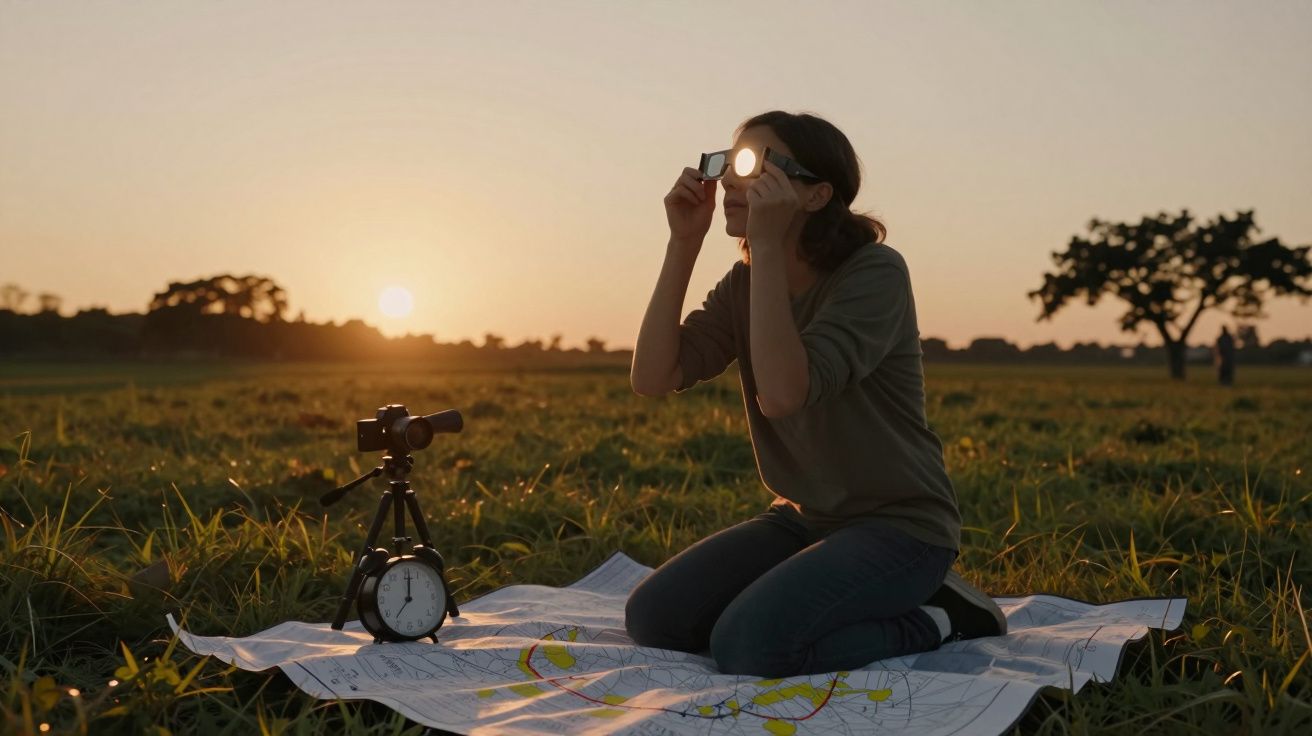 Mulher num campo ao pôr do sol, tendo um mapa e uma câmara, examina algo com um dispositivo óptico.