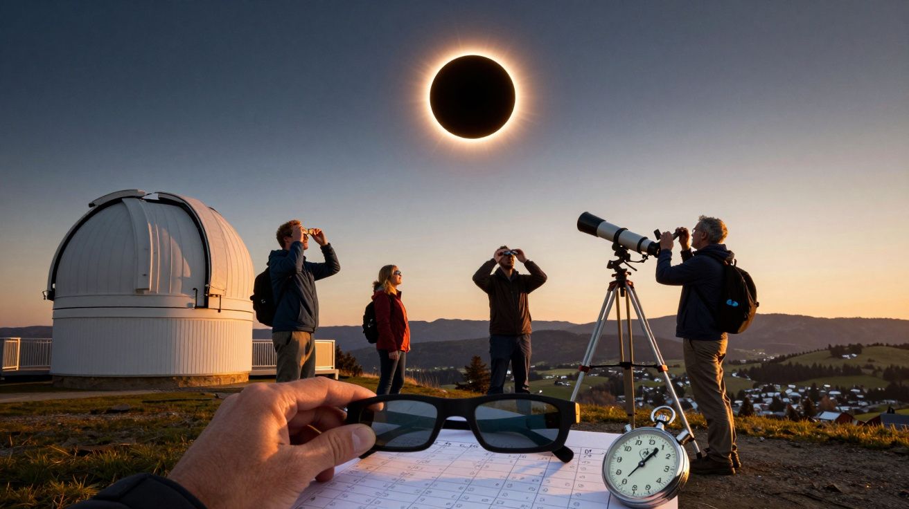 Pessoas observam um eclipse solar com telescópio perto de um observatório. Na frente, um cronómetro e óculos de proteção.