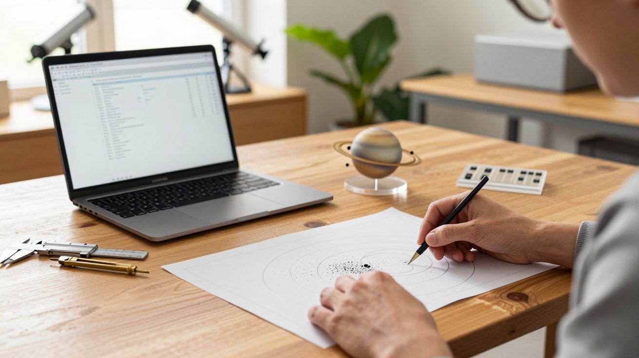 Pessoa desenha sistema solar em papel, com portátil e modelo de planeta na mesa.