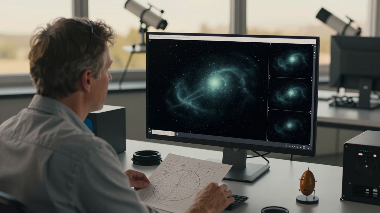 Homem analisa imagem de galáxia num computador, com telescópios ao fundo e documentos sobre a mesa.