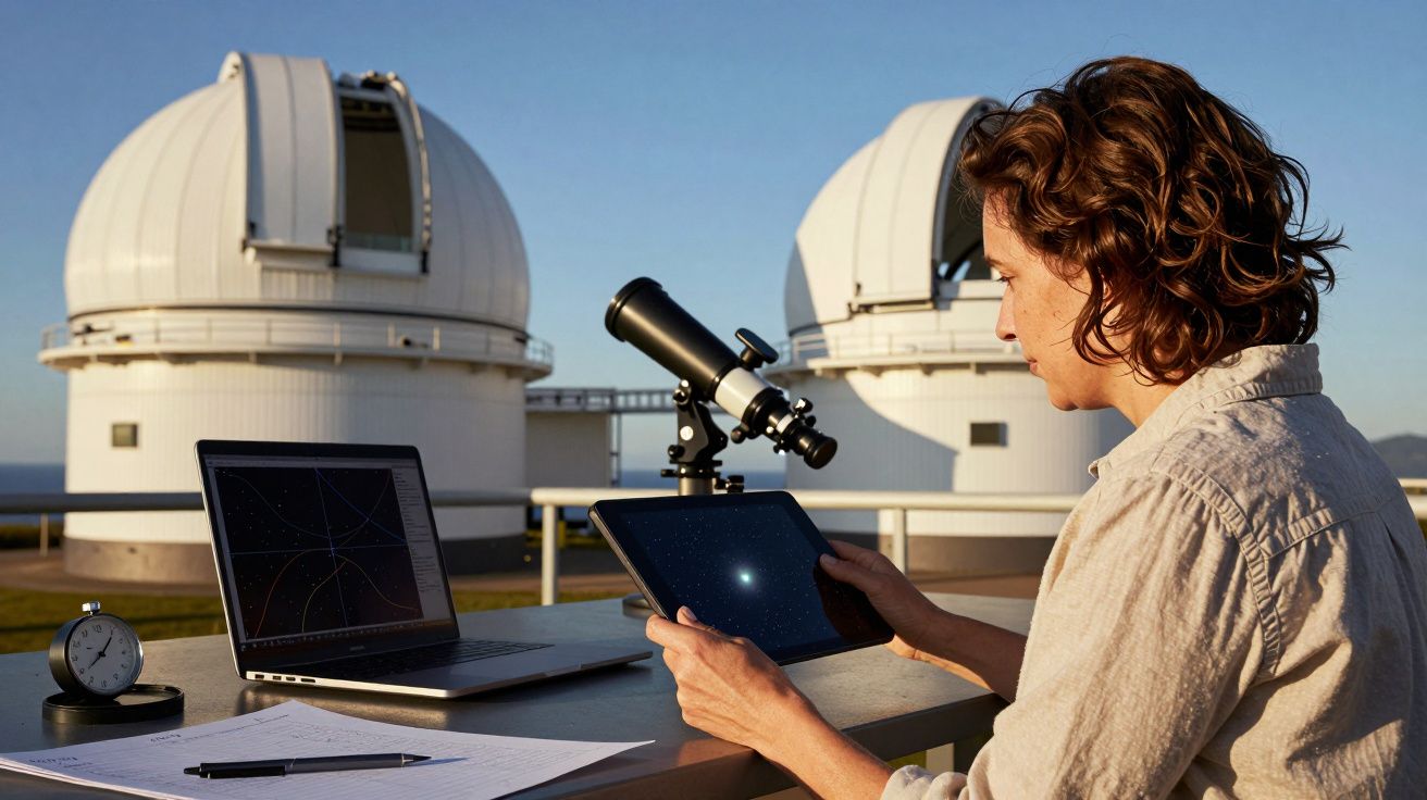 Pessoa observando estrelas em tablet com telescópio, portátil e cúpulas de observatório ao fundo.
