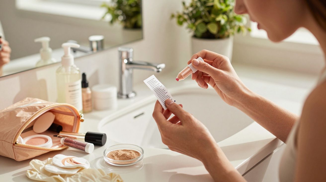 Mulher segura batom e rótulo na casa de banho, com cosméticos espalhados em cima do lavatório.