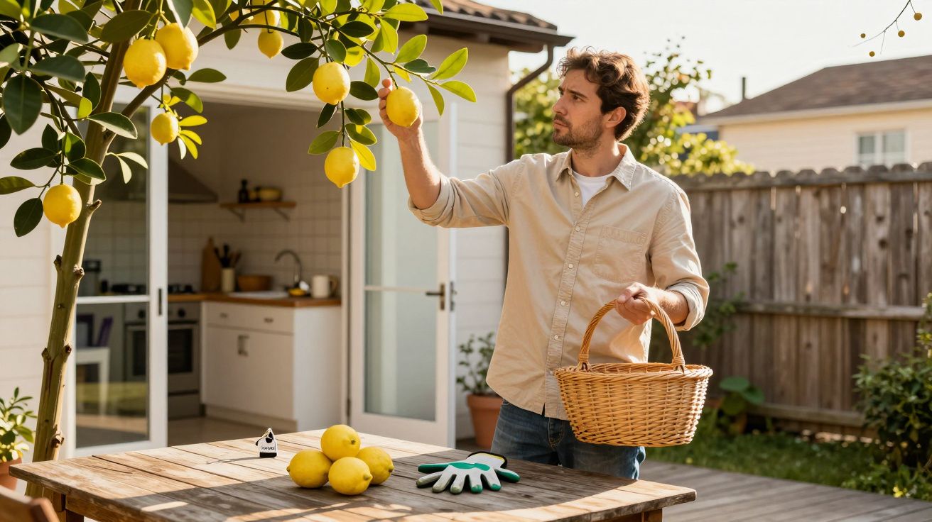 Homem colhe limões de uma árvore no jardim, segurando um cesto. Cozinha e mesa com limões no fundo.