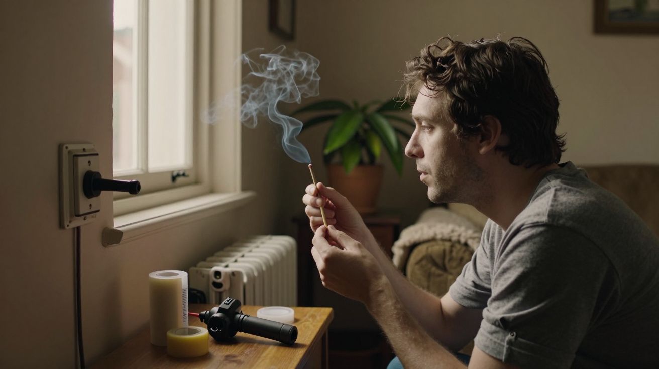 Homem sentado em casa, segurando incenso aceso, com fumo subindo. Mesa com fitas adesivas e uma ferramenta.