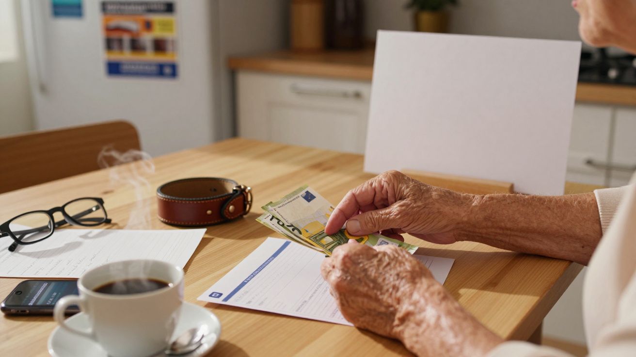 Pessoa idosa contando dinheiro numa mesa com documentos, óculos, telemóvel e café.