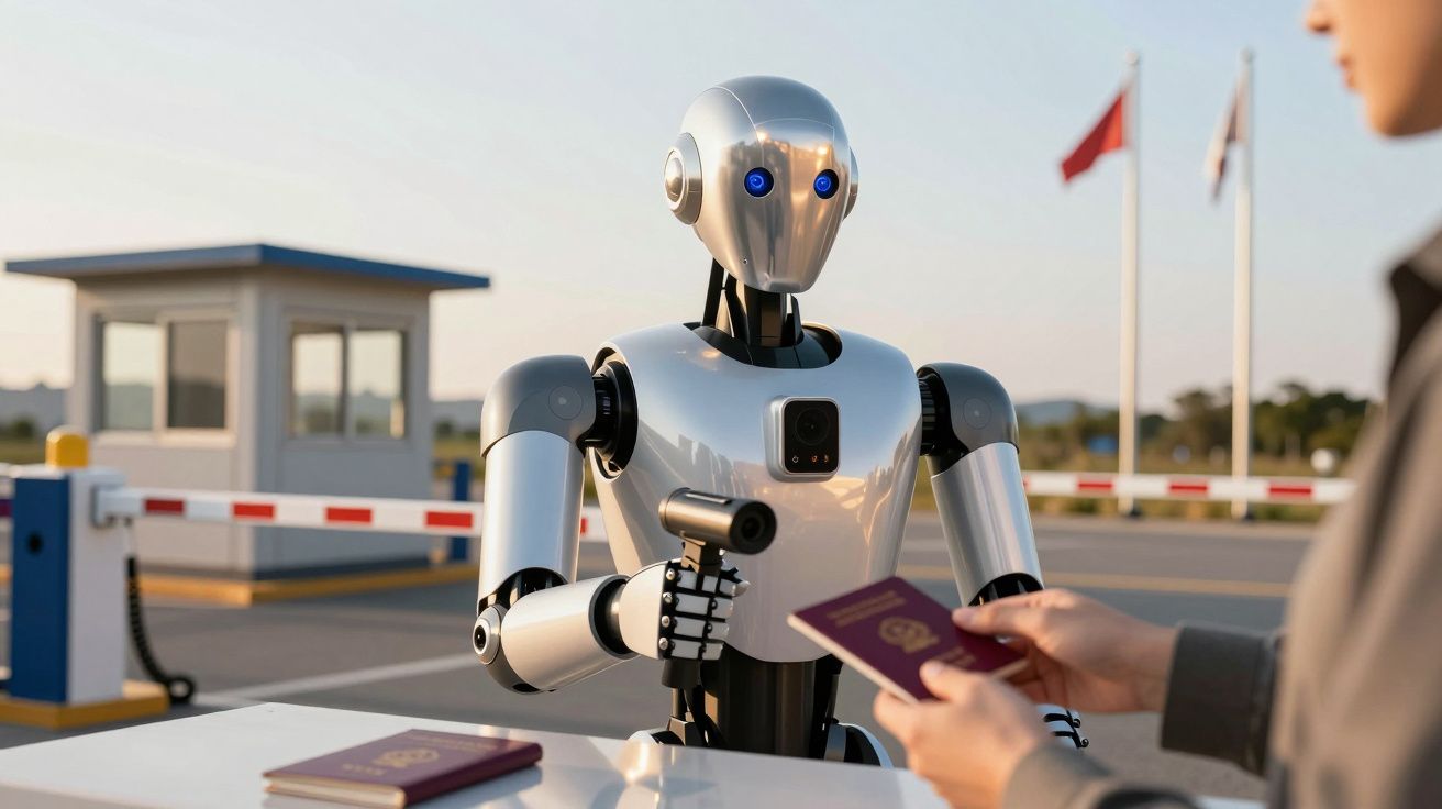 Robô humanoide a inspecionar passaporte numa área fronteiriça, com bandeiras ao fundo.