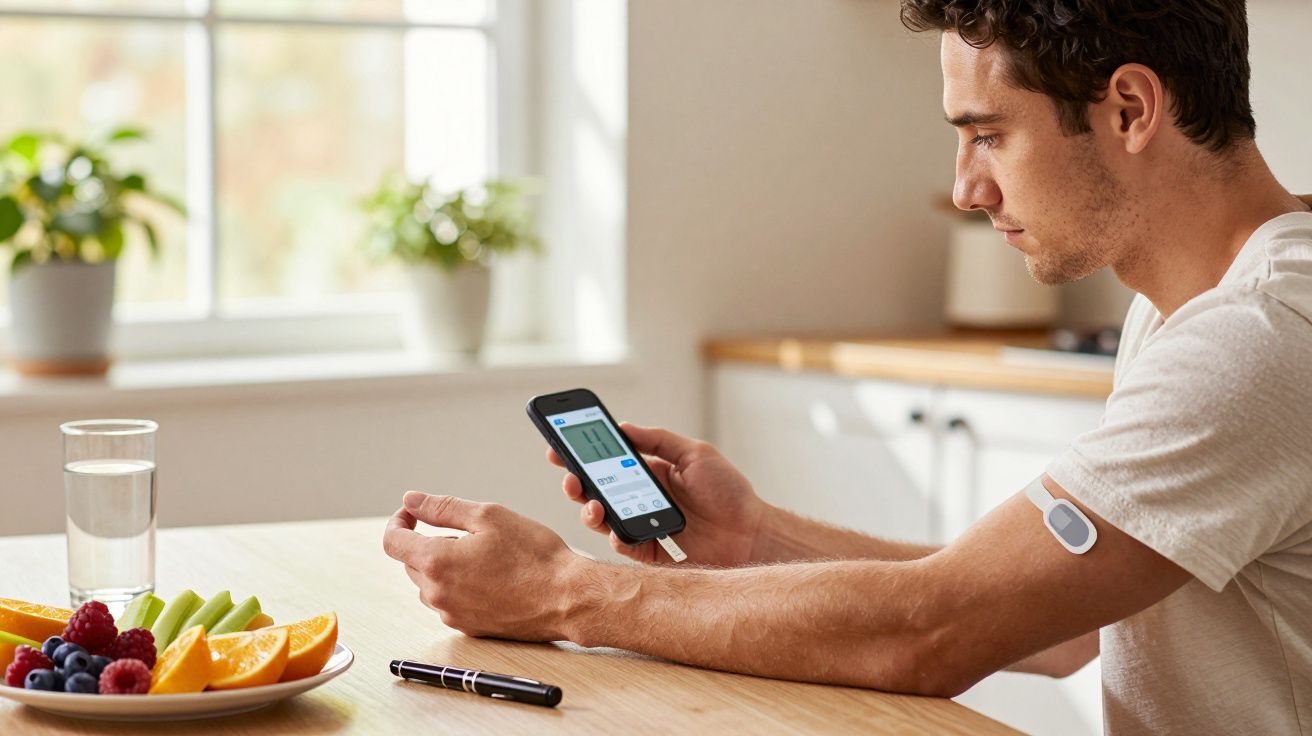 Homem com sensor no braço verifica smartphone enquanto come fruta na cozinha iluminada.