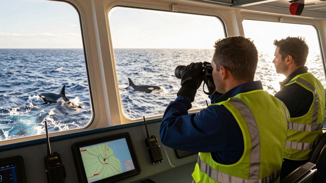 Dois homens observam orcas através da janela do navio.