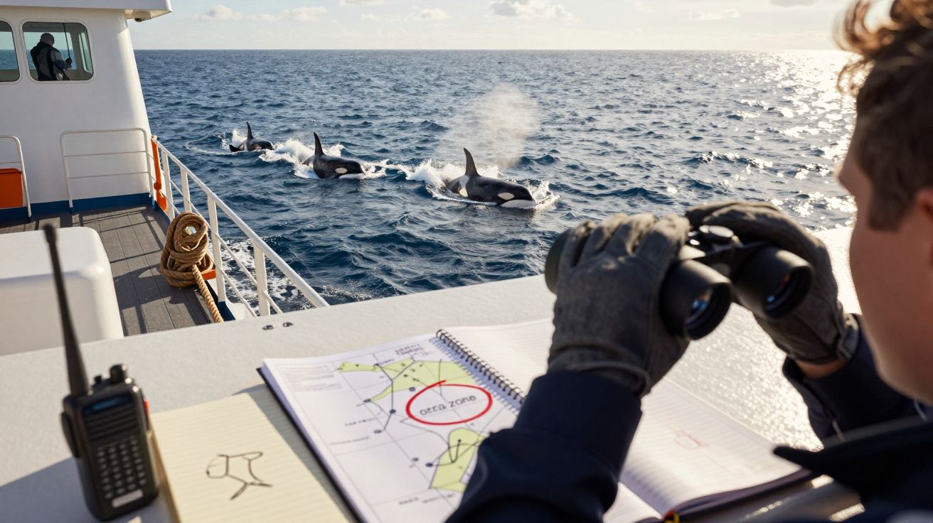 Homem observa orcas no mar com binóculos a partir de um barco, com mapa e rádio sobre a mesa.