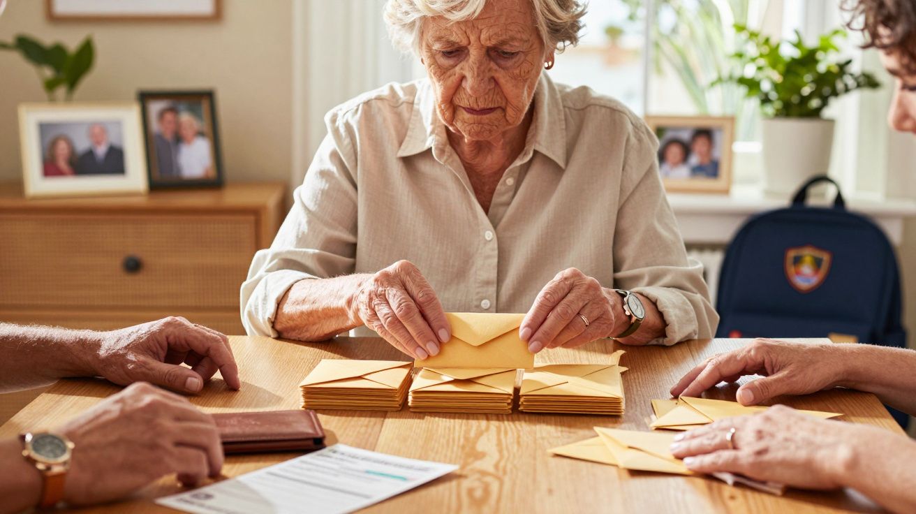 Idosa sentada à mesa, manuseando envelopes; três pessoas ao seu redor.