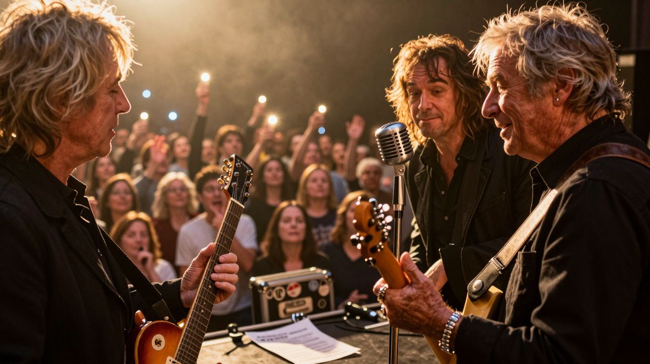 Três músicos com guitarras no palco, cantando para uma plateia animada com luzes dos telemóveis ao fundo.