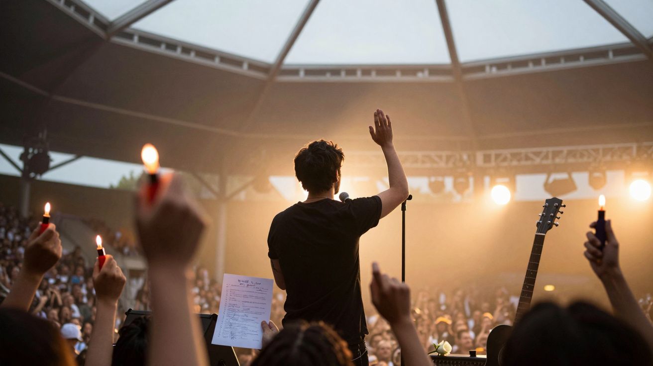 Pessoa de costas num palco ao ar livre, acenando para a multidão, com isqueiros levantados.