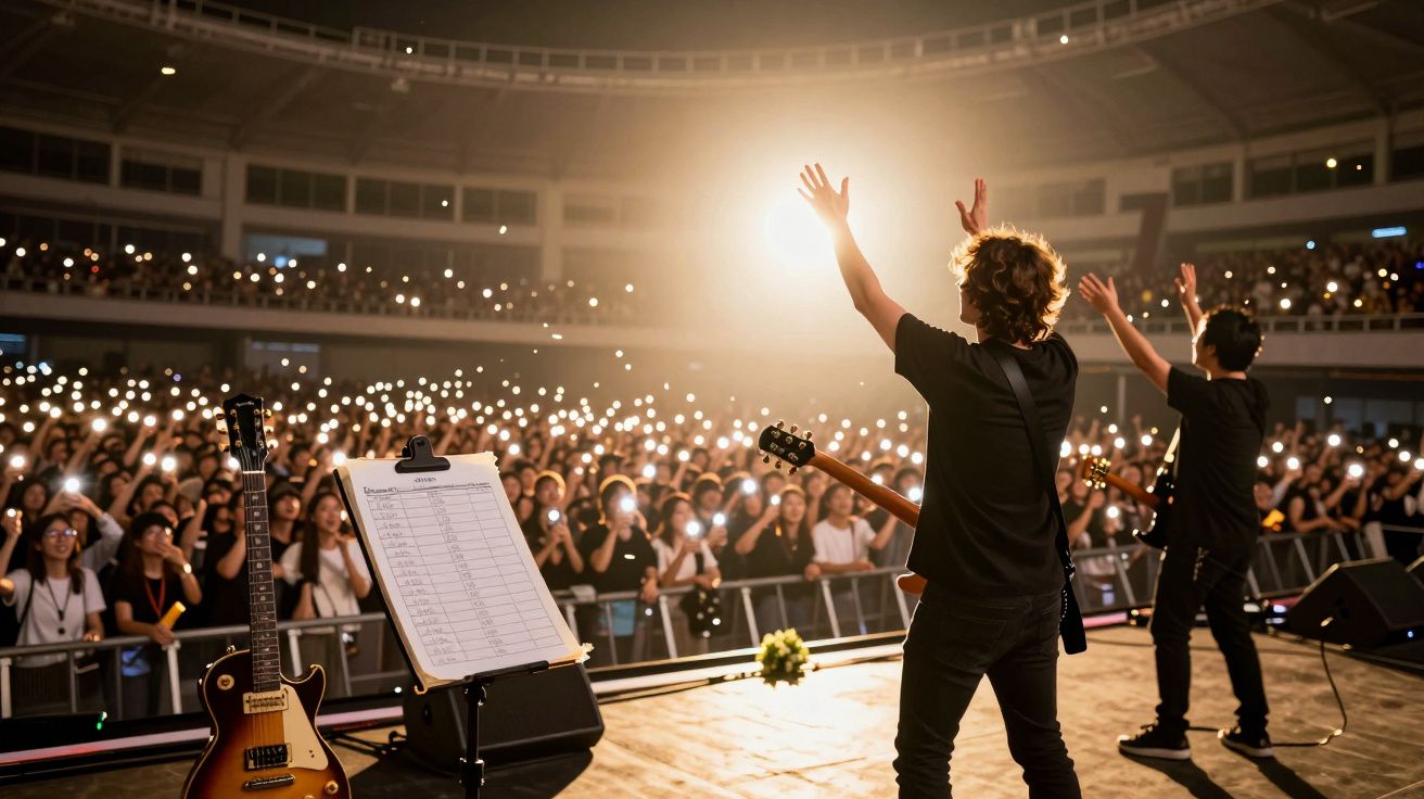 Músicos no palco de costas para a câmara, público iluminando o estádio com luzes de telemóvel.