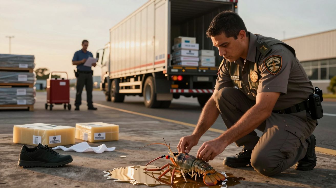 Agente inspeciona uma lagosta derramada no chão ao lado de uma carrinha num armazém, com caixas e uma pessoa ao fundo.