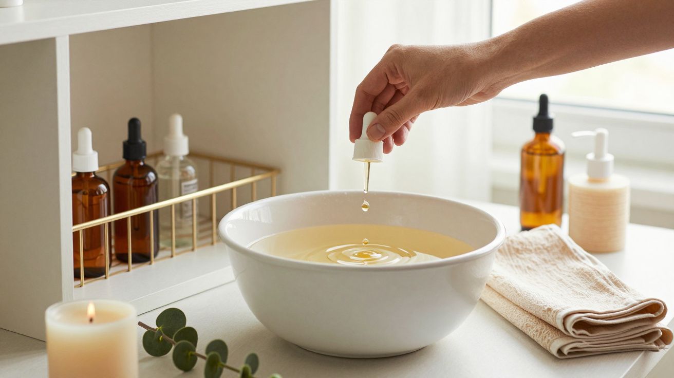 Mão a pingar óleo essencial numa tigela de água, com frascos ao fundo e toalhas dobradas ao lado.