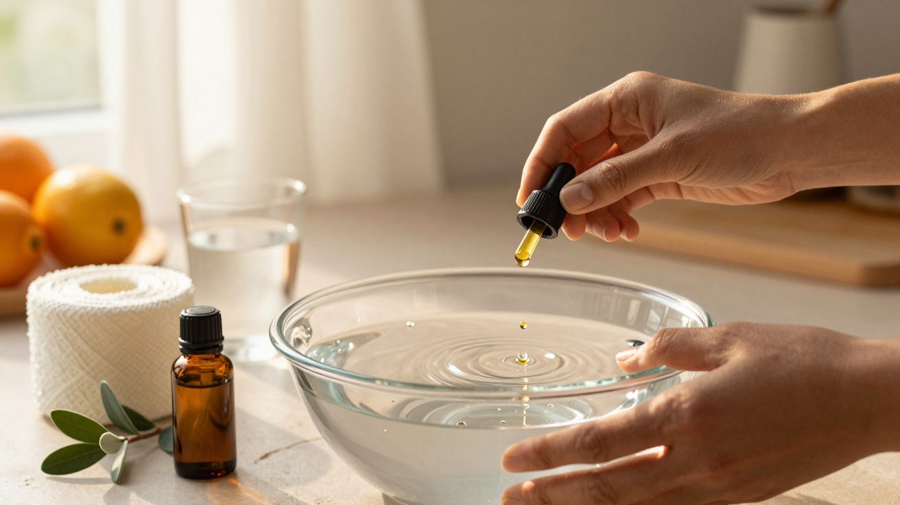 Mão feminina pinga óleo essencial em taça de água, com frasco, toalha e frutas ao fundo em bancada de cozinha.