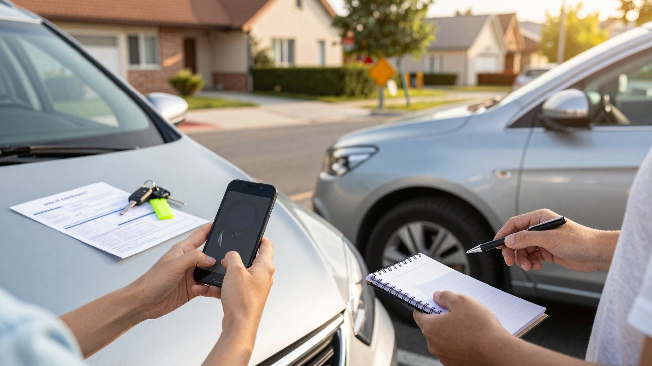 Duas pessoas trocam informações após colisão de carro, com documentos e telemóvel sobre o capô de um veículo.