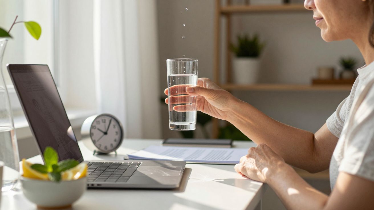Mulher segurando um copo de água ao lado de um portátil, numa mesa iluminada pelo sol.