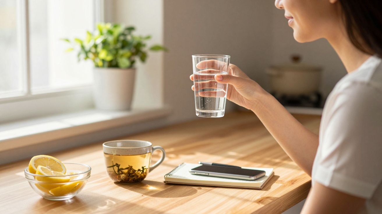 Mulher segurando copo de água numa mesa com chá, bloco de notas e limão.