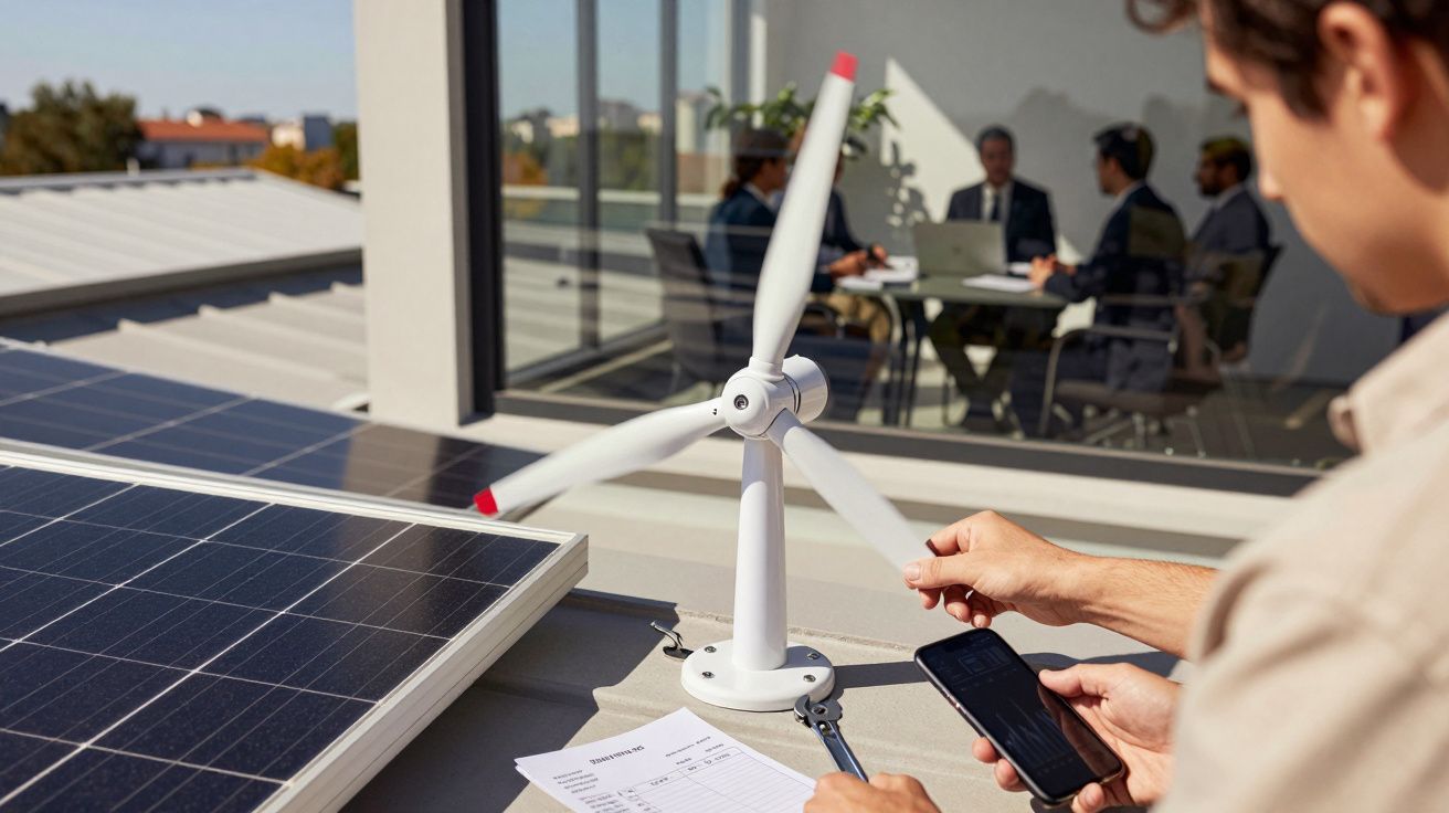 Homem com telemóvel ajusta turbina eólica em miniatura em telhado com painel solar; reunião no interior ao fundo.