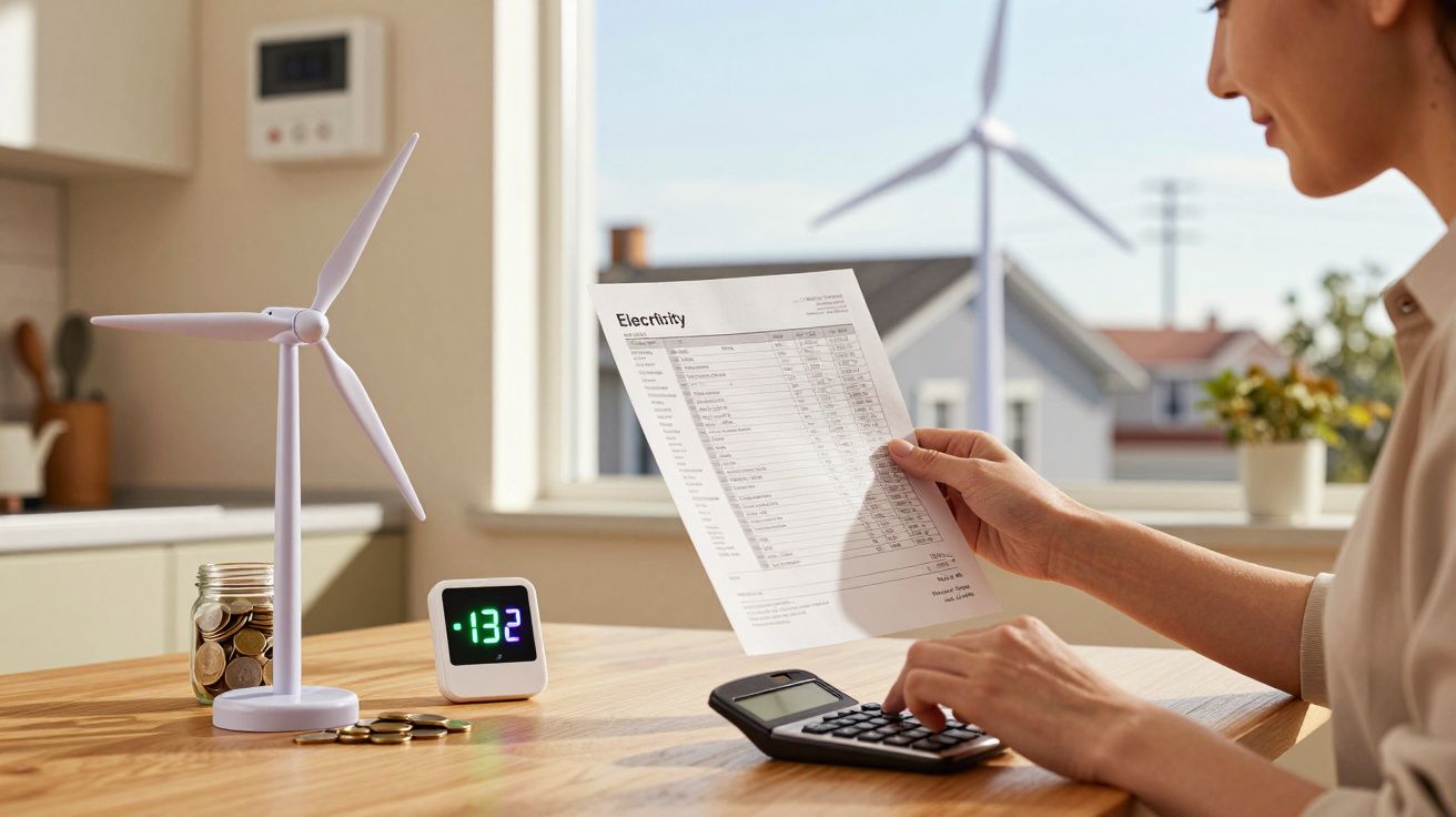 Mulher lendo fatura de eletricidade, calculadora na mão, mini turbina eólica na mesa ao lado de moedas e relógio digital.
