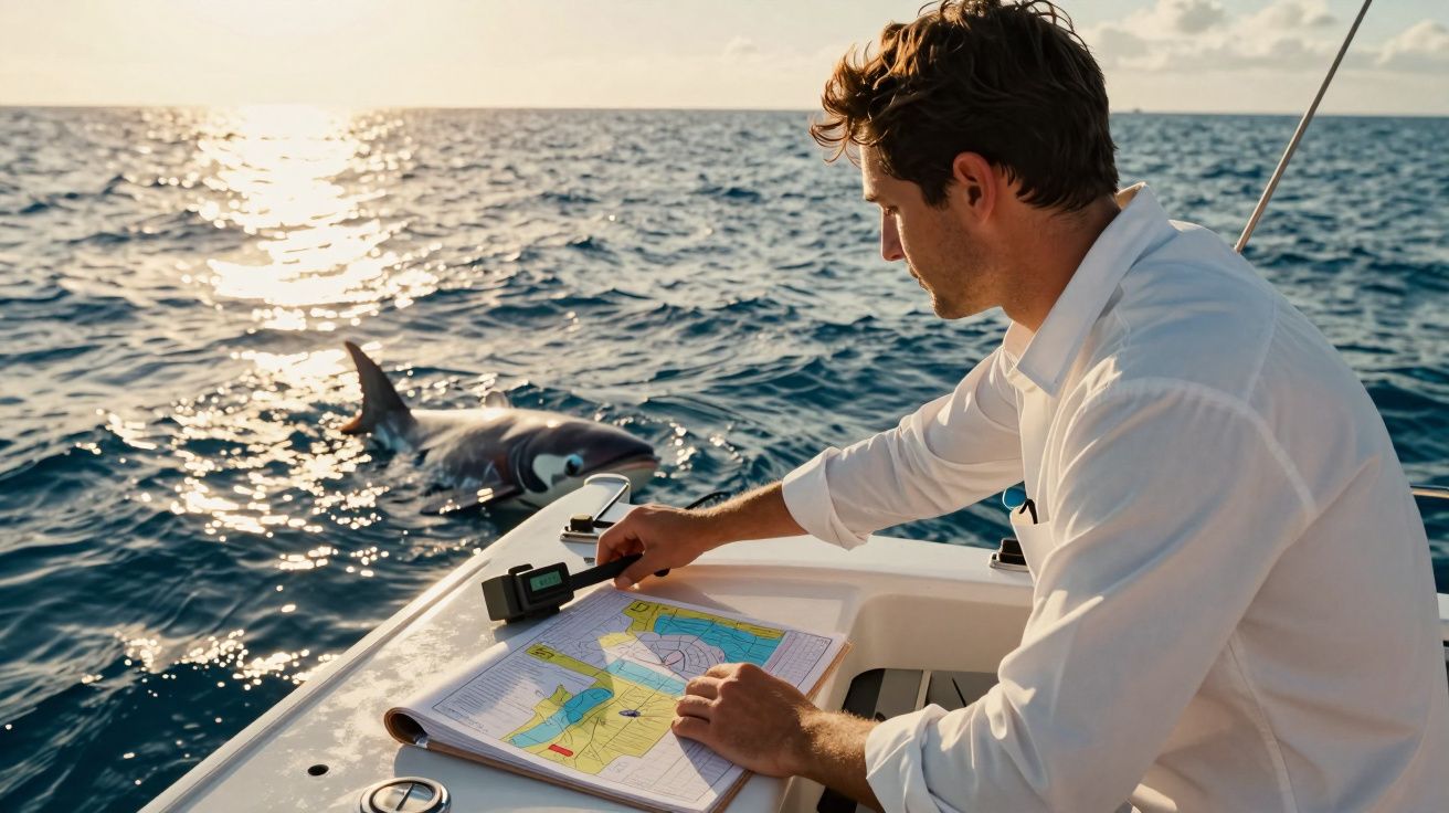 Homem num barco, analisa mapa, com tubarão a nadar próximo. Mar azul ao pôr do sol.