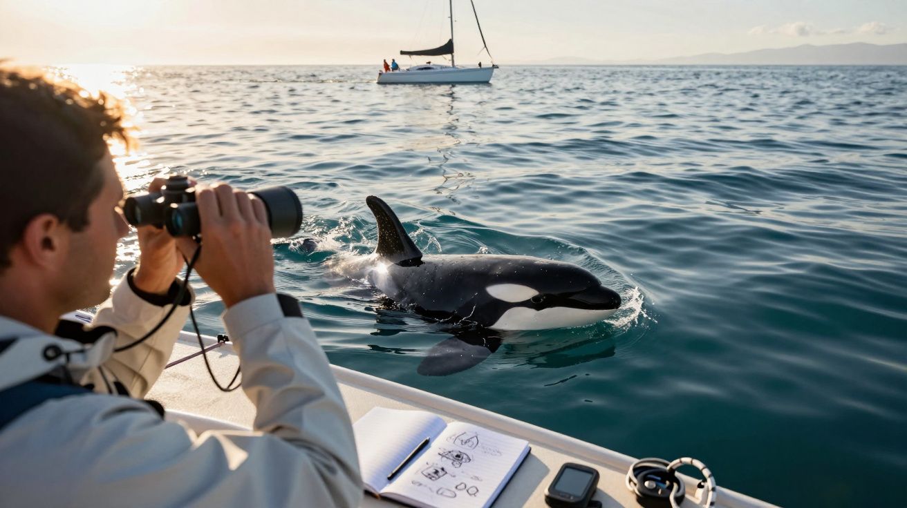 Homem observa uma orca com binóculos num barco, com um caderno de esboços próximo, ao largo de um veleiro.