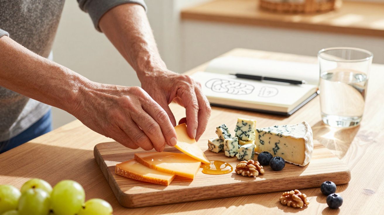 Pessoas cortam queijo num tabuleiro com uvas, nozes e mirtilos; ao lado, está um copo de água e um caderno.