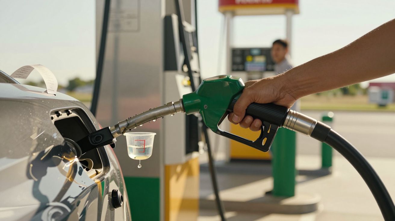 Mão a abastecer carro com mangueira de combustível verde numa estação de serviço.