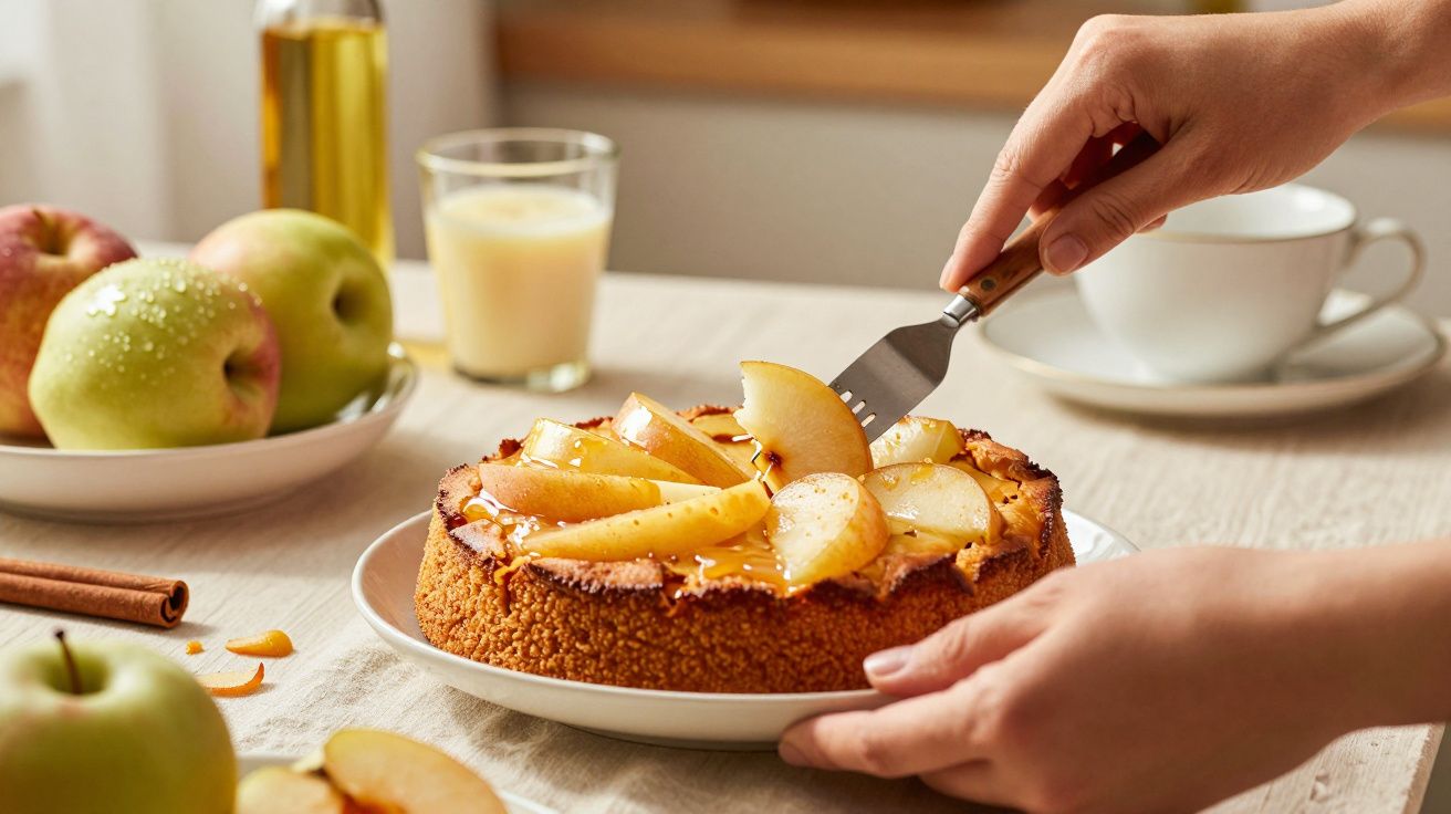 Mãos a cortar fatia de bolo de maçã sobre uma mesa, com maçãs e chávena de chá ao fundo.